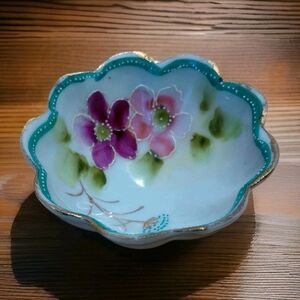 Floral Porcelain Salt / Trinket with Gold Accents